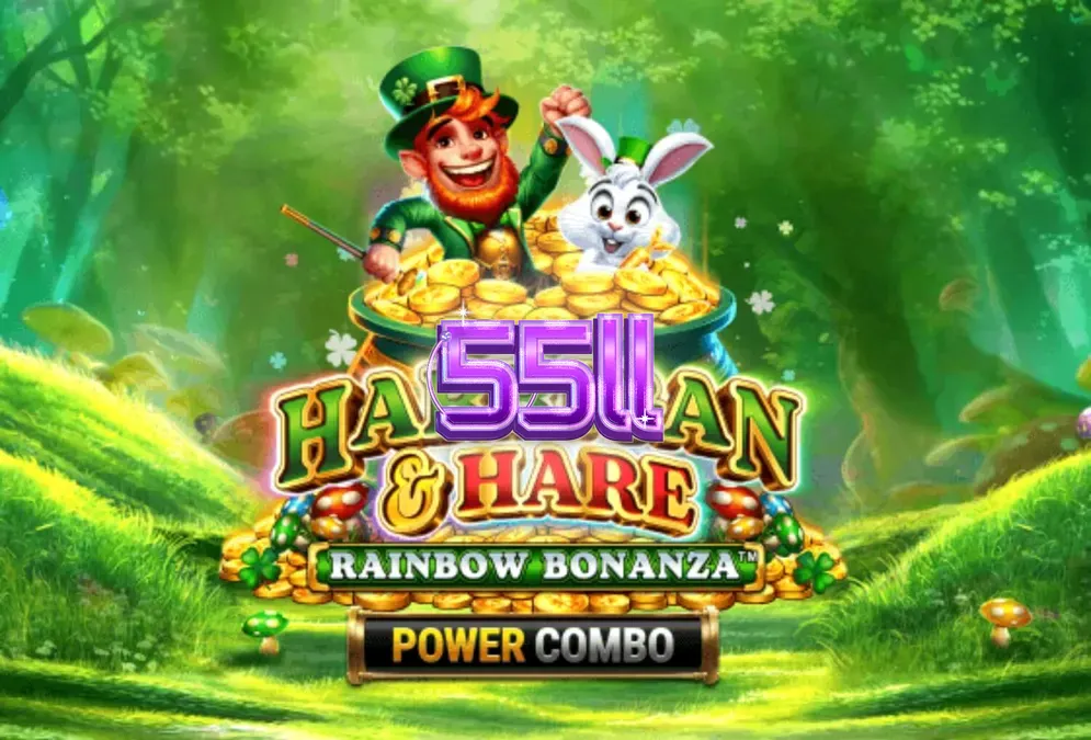 Cenário vibrante com tema irlandês do slot Harrigan & Hare Rainbow Bonanza Power Combo